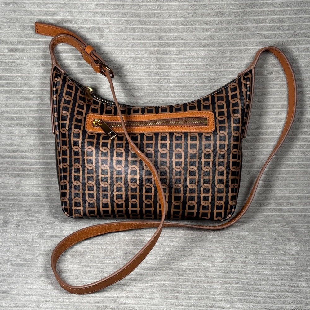 Fossil Brown Chain Patterned Crossbody Bag w/ Adjustable Leather Strap